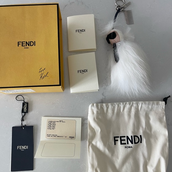 FENDI Karlito Bag Charm w/ Box White Mink Fox Fur - Picture 2 of 7